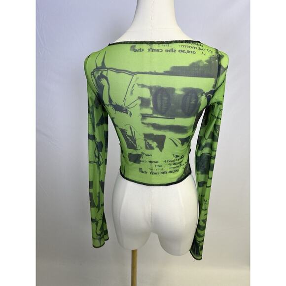 Vintage Y2K Micro Mesh Green Black Print Long sleeve Woman's top Small - Picture 3 of 4
